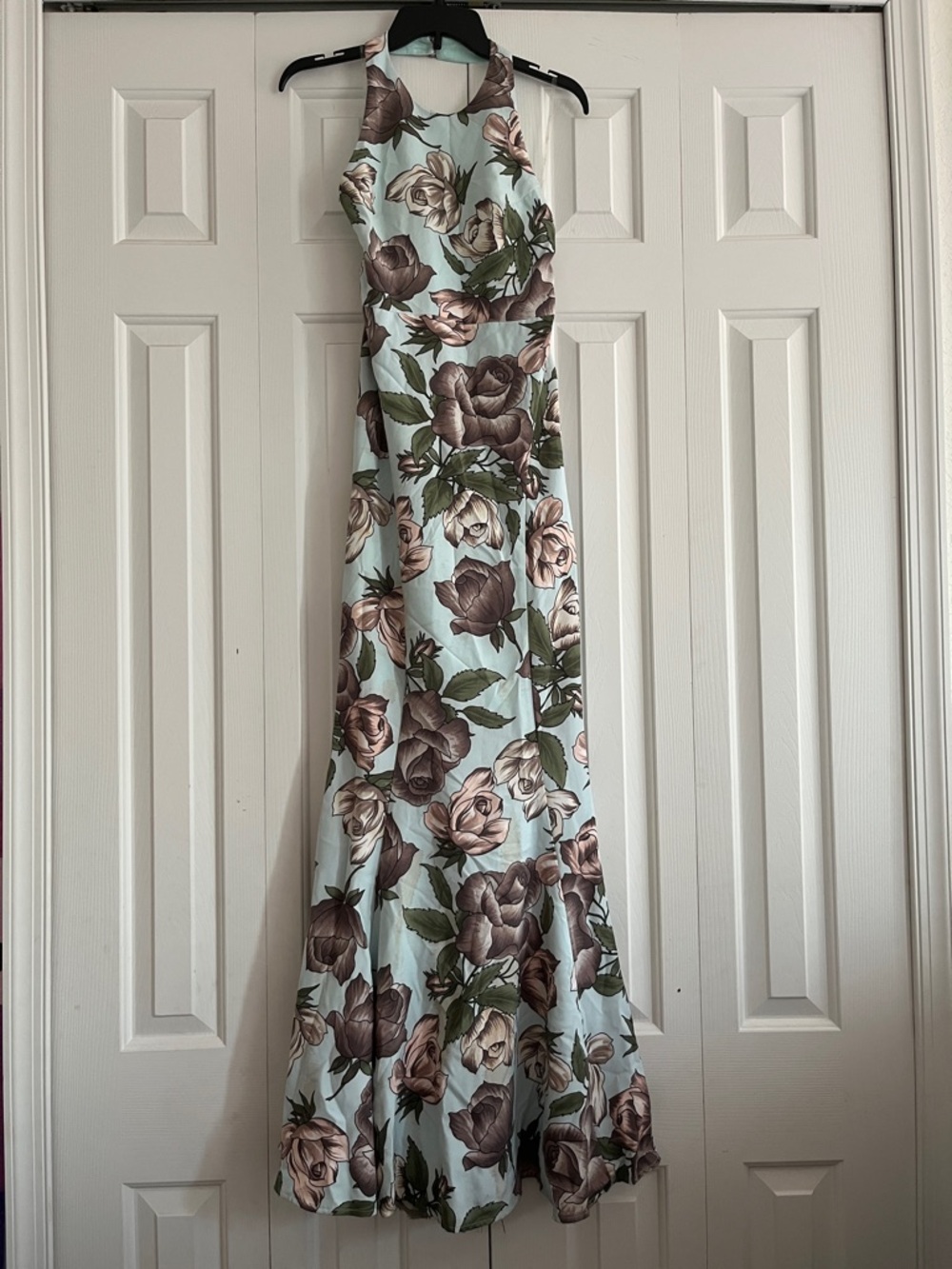 L'ATISTE Floral Halter Maxi Dress in Light Blue and Brown